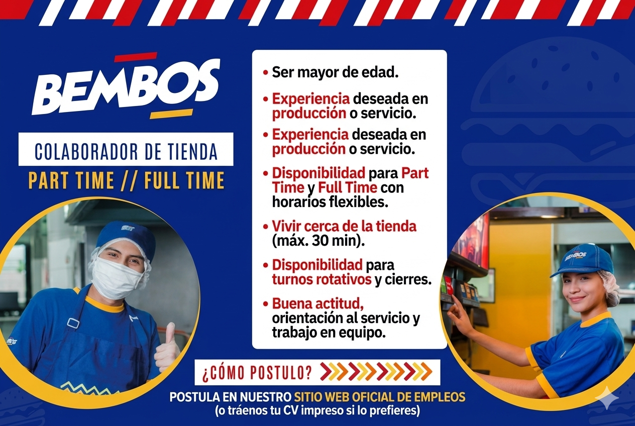 🍔 ¡Únete al equipo de Bembos! Conoce las vacantes disponibles